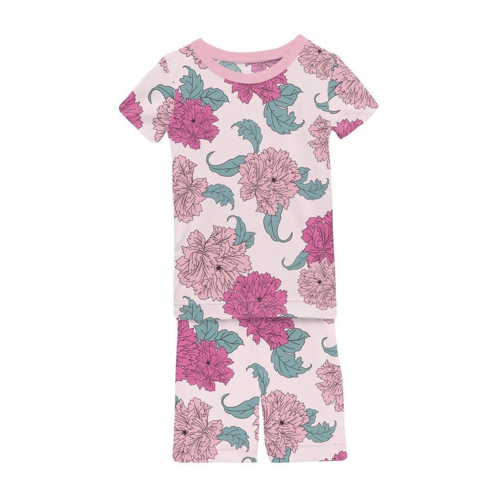 NEW KICKEE kids' short sleeve pajama set with shorts in shrinking violet peonies